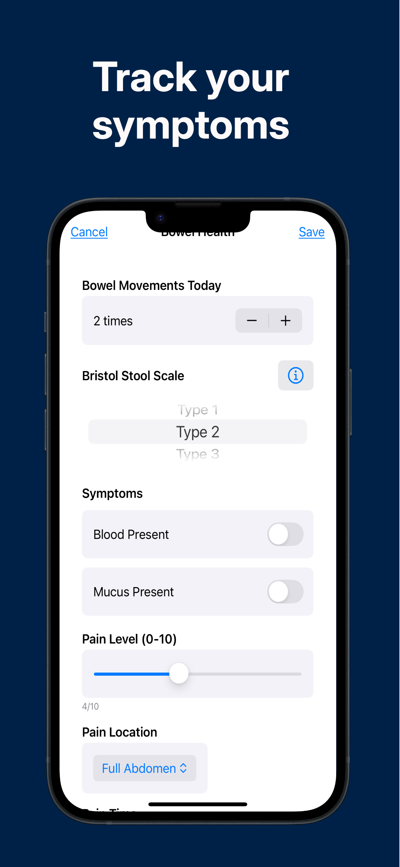 IBDPal health or flare-related screen